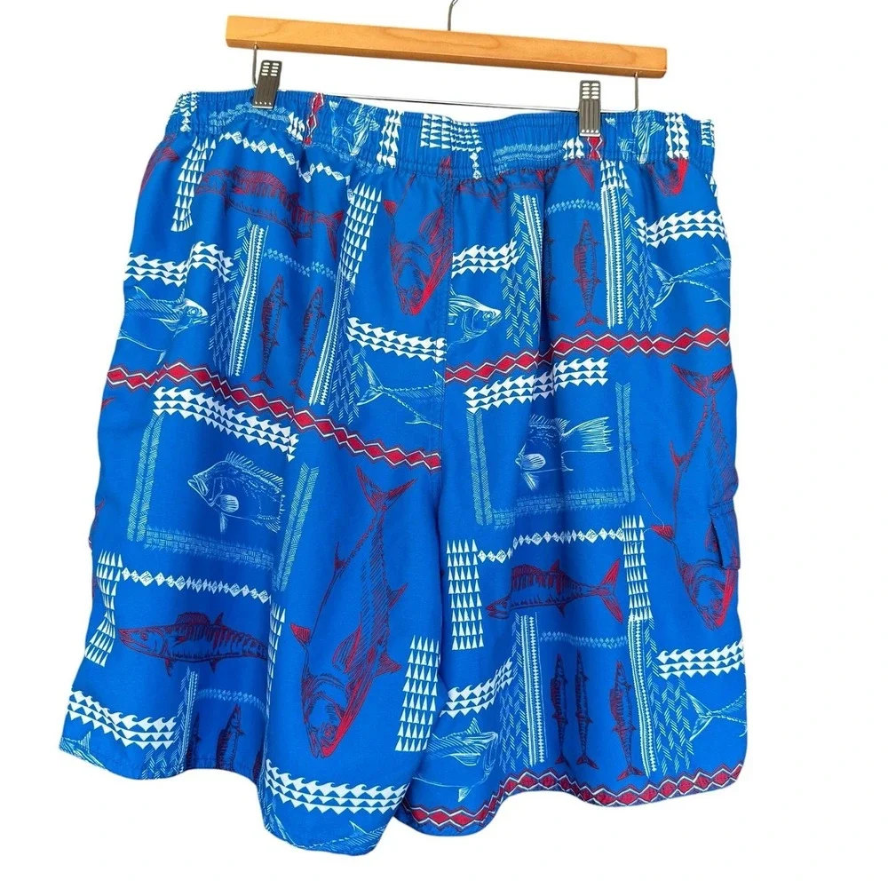 Newport Blue Swim Shorts Mens 2XL Blue Fish Print Nautical Mesh Lined Trunks